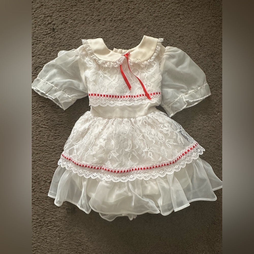 Vintage Kandy Ann Toddler Party Full Circle White Ruffle Dress Red Lace Size 3T